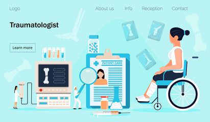 Traumatologist concept vector. Disabled girl with broken leg in clinic. Sport trauma scene. Woman in a wheelchair, and tiny doctors of traumatology treat patient. Rehabilitation