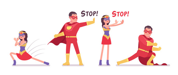 Male, female super hero wearing bright red costume, fight and stop pose. Effective man, woman warrior with superpower combat, battle skills, heroic brave people. Vector flat style cartoon illustration
