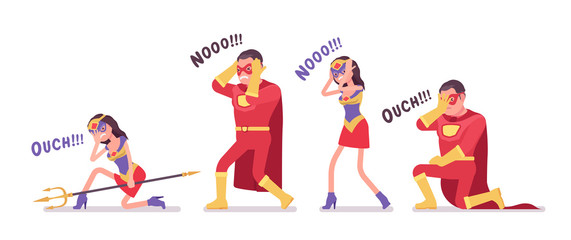 Unlucky male and female super hero in attractive red costume. Unsuccessful failed, man, woman warrior with superpower combat skills, heroic brave people defeat. Vector flat style cartoon illustration