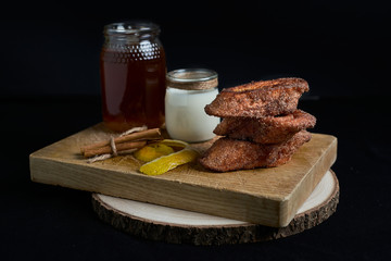 French toast, typical sweet bread with milk fried and battered in sugar and cinnamon