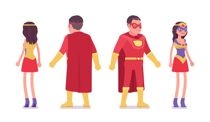 Obraz premium Male and female super hero in attractive red costume standing. Effective man, woman warrior with superpower combat and battle skills, heroic strong brave people. Vector flat style cartoon illustration