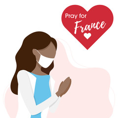 Covid-19 virus outbreak in France. Pray for France, Coronavirus concept. Woman praying for. Vector illustration.
