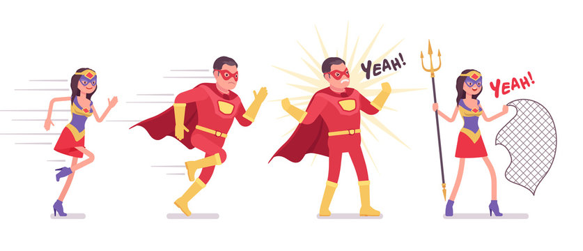 Male, female super hero wearing costume, running in attack to protect. Effective man, woman warrior with superpower combat, battle skills, heroic brave people. Vector flat style cartoon illustration