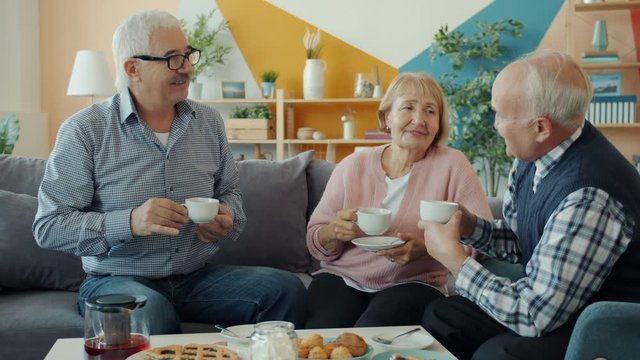 Elderly men and woman are drinking tea and talking enjoying friendly conversation sitting on sofa at table at home. Friendship and people concept.