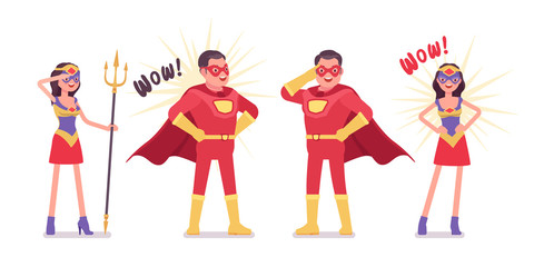 Male, female super hero wearing red costume, stand in attractive poses. Effective man, woman warrior with superpower combat, battle skills, heroic brave people. Vector flat style cartoon illustration © andrew_rybalko