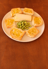 homemade bread with  extra virgin olive oil, fava beans and cheese