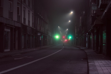 Empty street on a foggy night