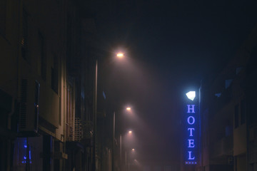Hotel Sign on a foggy night