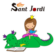 Sant Jordi traditional festival of Catalonia Spain.  Princess reading sitting on top of a dragon