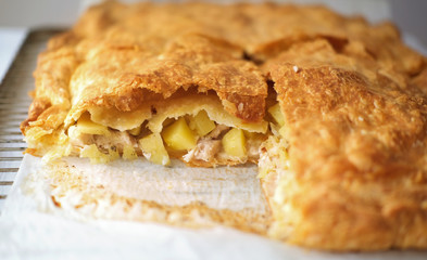 Chicken and potatoes pie. Homemade pie with chicken, potatoes and cheese. ready baked cut pie on a rack. home cooking during quarantine