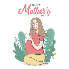 Smiling cute pregnant woman caressing her belly