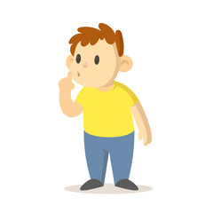 Boy asking for silence with finger pressed to his lips, cartoon character design. Colorful flat vector illustration, isolated on white background.