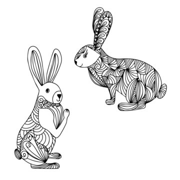 Coloring book rabbit vector illustration isolated on white background. Doodle style. Free style hand drawing. For children and adults, meditative drawing. Art therapy.