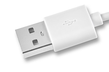 Close up white USB cable plug isolated on white background