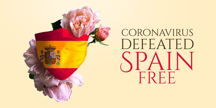 Coronavirus is defeated in Spain, destroyed. Victory over the coronavirus. The country defeated the virus. Flag of the country. Baner&nbsp;with Flag and mask