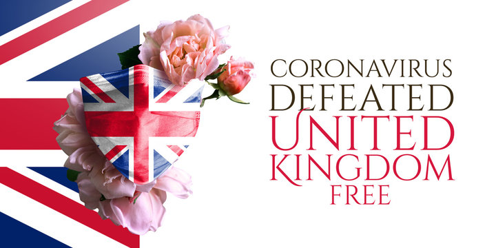 Coronavirus is defeated in UK, destroyed. Victory over the coronavirus. The country defeated the virus. Flag of the country. Baner&nbsp;with Flag and mask