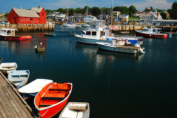 Dinghies and lobster boats populate Rockport Harbor, near the famed Motif No. 1