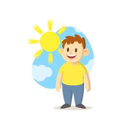 Smiling boy standing under the sun in the summertime, cartoon character design. Colorful flat vector illustration, isolated on white background.