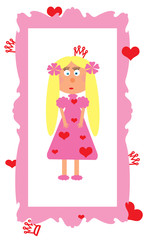 Postcard with doll girl princess, in dress and crown, for birthday, children background, frame