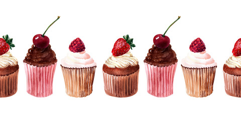 Watercolor border with buns, cupcakes with cream and ripe strawberries, raspberries and cherries