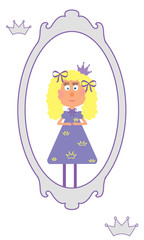 Postcard with doll girl princess, in dress and crown, for birthday, children background, frame