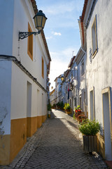 Elvas beautiful street antique narrow buildings historic houses in Alentejo, Portugal