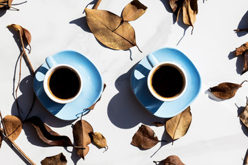 two cups of coffee surrounded by leafs in a white background