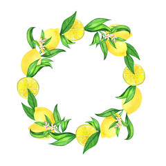 Wreath with watercolor hand-drawn fresh lemons, leaves and flowers