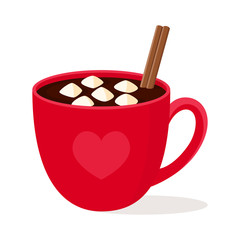 Hot chocolate with cinnamon stick and white marshmallow in red Cup with heart isolated on white background