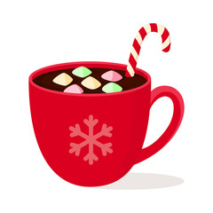 Hot chocolate with Christmas Candy Cane and colorful marshmallow in red Cup with snowflake isolated on white background
