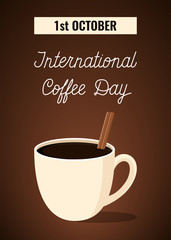 White Cup of black coffee and cinnamon stick on brown background. Postcard for the international coffee day on October 1.