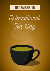 Postcard of the international tea day on 15 December. Black Cup with Matcha tea on gold background.