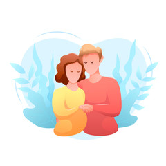 Family day flat design isolated banner. Happy young man and woman hug each other. Tender relationships against the background of plants. Mothers day. Romantic modern vector illustration.