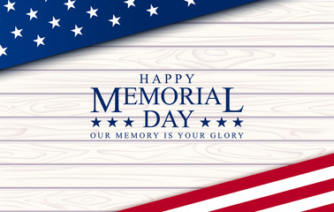 Memorial day with, vector image, poster and banner for the holiday and sales day. American flag on the background of a wooden board with the inscription.