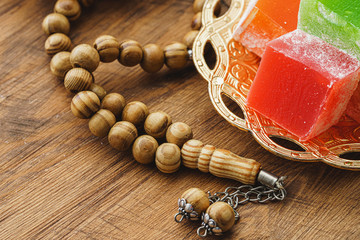 Turkish delight sweets on a metal oriental plate close up