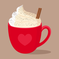 Hot chocolate with cinnamon stick and whipped cream in red Cup with heart