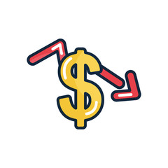 economic recession concept, money symbol and financial arrow down icon, line color style