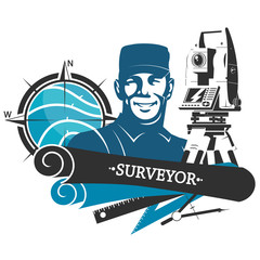 Surveying engineer with surveying instruments symbol for business