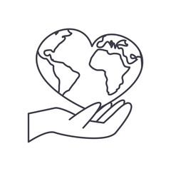 hand with earth planet in heart shape icon, line style