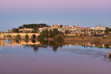 Badajoz city at sunset with river Guadiana in Spain