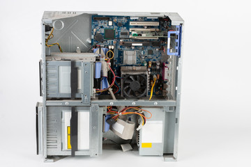 Old desktop computer, inside floppy disk drive, CD drive, hard  disk drive, main board , power...