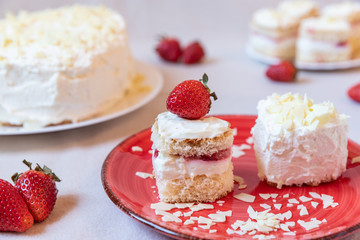 Torte und Törtchen mit Quark und Sahne und weißer Schokolade und Erdbeeren