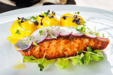 Grilled salmon fish with vegetables and herbs, horizontal format