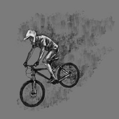 A cyclist in a helmet on a downhill bike. Watercolor and pencil color illustration on a dark gray background.