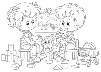 Cheerful small children playing with their funny toys in a nursery room, black and white outlined vector cartoon illustration for a coloring book page