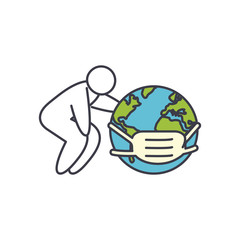 pictogram man and earth planet with mouth mask icon, fill style