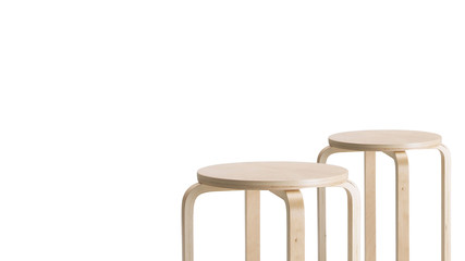 Pair of wooden oak stools on white background