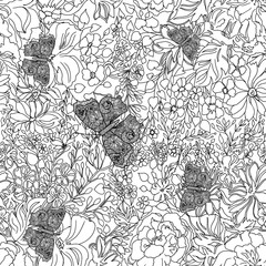 Seamless floral pattern with butterflies. Coloring book. Page antistress coloring. Coloring book for adults. Page coloring for adults