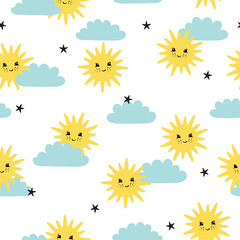 Fototapeta na wymiar Seamless sun and clouds pattern. Baby print