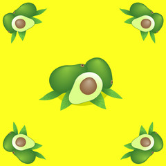 Still life of several ripe green avocados on a yellowish background.